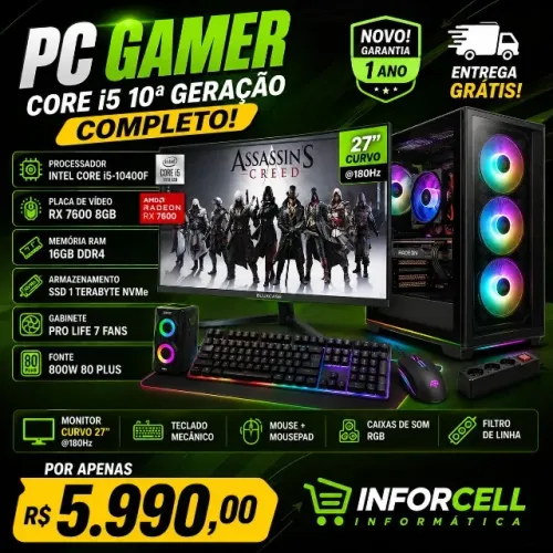 PC Gamer Core i5-10400F RX 7600 Ssd 1Tb 16gb Ram Tela 27 180Hz