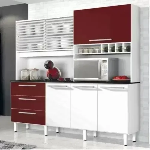 ? ARMÁRIO DE COZINHA 6 PORTAS 3 GAVETAS MEGA COM VIDRO E ESPAÇO PARA MICRO-ONDAS - FRETE
