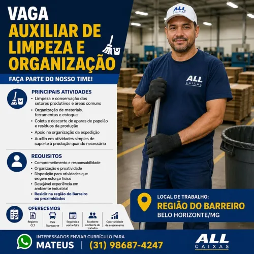 Auxiliar de Limpeza e Organização - CLT - Barreiro/BH