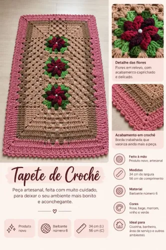 Tapete de crochê retangular 3 cores principais