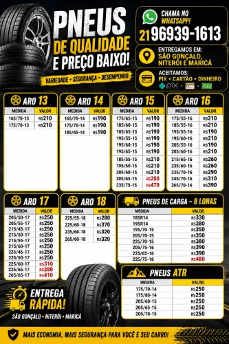 Pneus de diversas medidas, aro 13, 14, 15, 16, 17 e 19