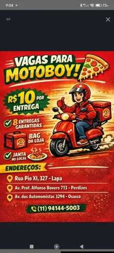 VAGA PARA MOTOBOY 10,00 POR ENTREGA