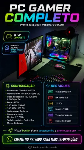 PC GAMER COMPLETO - XEON + RX 480 8GB + 16GB RAM + SSDs + MONITOR