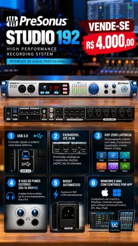 PreSonus Studio 192 - Interface USB 3.0 | 26 Entradas + DSP Zero Latência