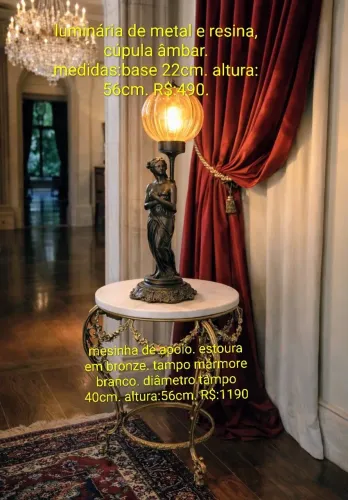 Luminária, mesinha, descrição de medidas e preços na foto