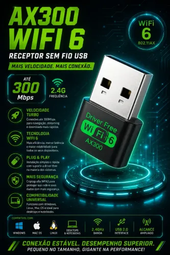 Adaptador ICANING AX300 WiFi6 Sem Fio 2.4G USB Dongle Driver 802.11AX