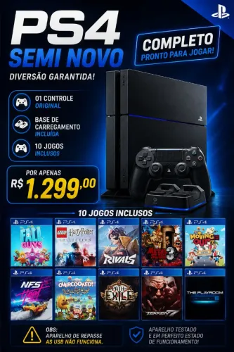 PS4 com jogos e base de carregamento 