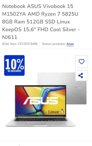 Notebook ASUS Vivobook 15 M1502YA AMD Ryzen 7 5825U 8GB Ram 512GB SSD 15,6FHD