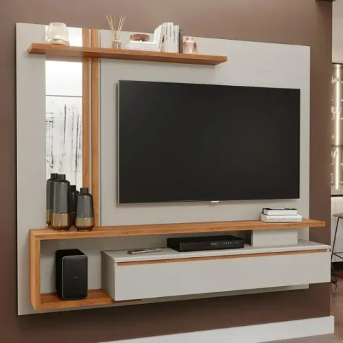 Painel Para Tv Até 60 100%Mdf 1 Porta Basculante Nicho Espelho Treviso Off White Em Oferta