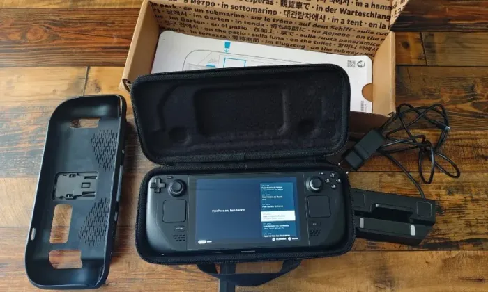 Steam deck LCD 1tb com dock, caixa, case, grip e carregador