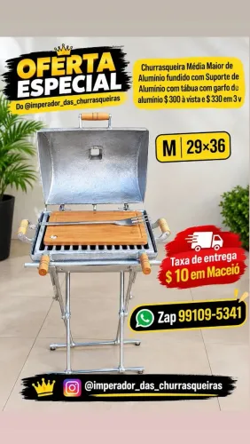 Churrasqueira Média Maior de Alumínio fundido com Suporte de Alumínio com garfo de com tab