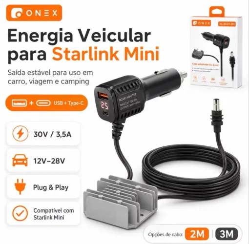 Carregador Veicular Starlink Mini 30V 3,5A Adaptador para Carro USB Type-C Cabo 3M