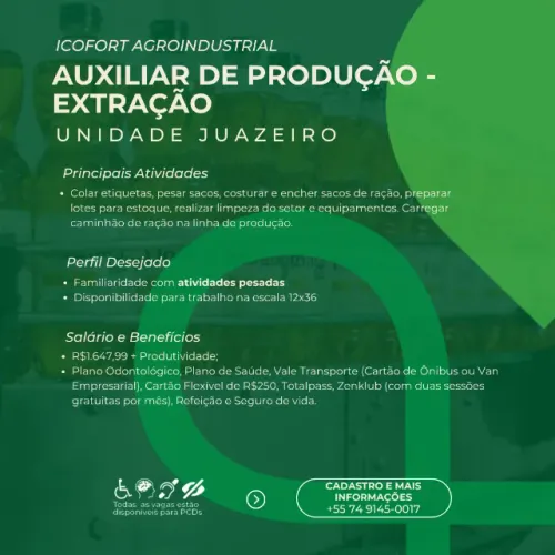 VAGA DE EMPREGO: AUXILIAR DE PRODUÇÃO, 12X36 (ICOFORT)
