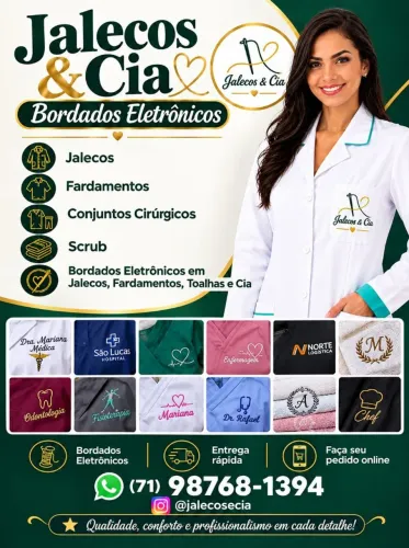 Jalecos, scrub e bordados
