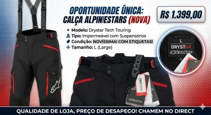 CALÇA MASCULINA ALPINESTARS, MODELO DRYSTAR TECH TOURING, COM SUSPENSÓRIOS E ETIQUETAS