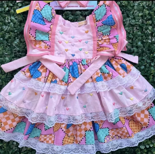 Vestido Festa Junina Luxo Infantil 100% Algodão Bebê 9-12 meses Menina Rosa Laços
