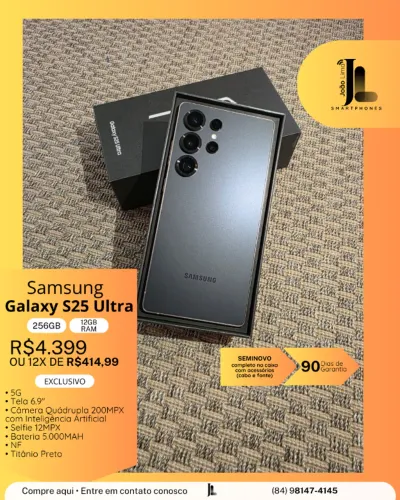 GALAXY S25 ULTRA, 5G, 256GB, 12GB RAM, PRETO, SEMINOVO, EXCLUSIVO!
