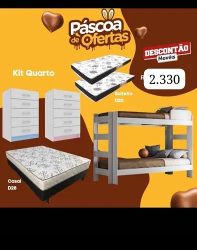 Kit Quarto Completo - Beliche com Colchão D20, 2 Cômodas e Cama Box Casal