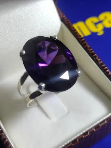Anel Ametista Zircônia Lilas Prata 950 Pedra Zircônia 15 mm x 20 mm Peso 13 Gramas