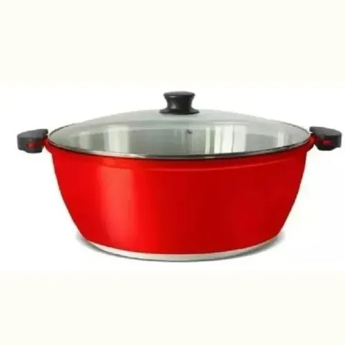 Panela aluminio fundido 2,1Litros, Vermelha,com alças de baquelite e tampa de vidro.