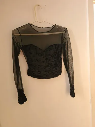Blusa preta em tule e veludo (plush) estilo corset estruturado vintage (anos 80)