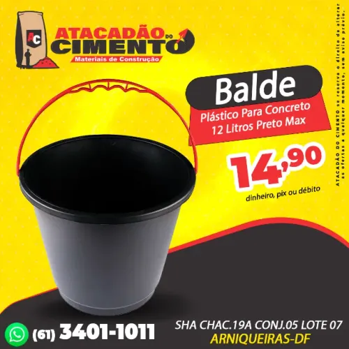 Balde Plástico Para Concreto 12 Litros Preto Max