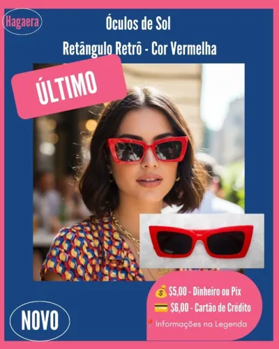 ?Novo: Óculos de Sol - Retângulo Retrô - Cor Vermelho (ÚLTIMO)
