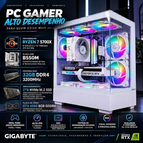 Pc Game Ryzen 7 5700x 32GB Nvme 2TB RTx 4060 8GB Garantia e Nota