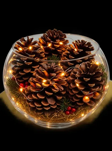 Pinhas naturais iluminadas para decorar