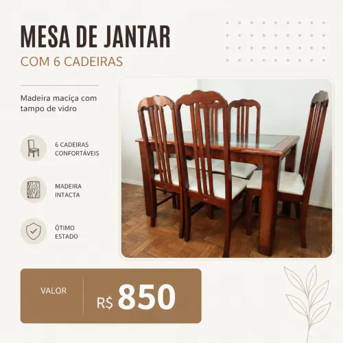 Mesa de Jantar de Madeira maciça com 6 cadeiras!