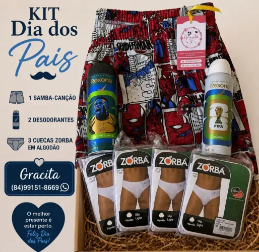 Kit Dia dos Pais 1 Samba-canção  2 Desodorantes e kit com 3 Cuecas Zorbas em Algodão 