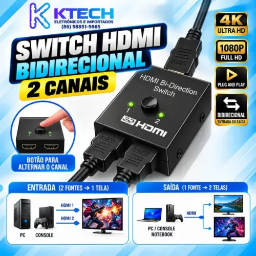 Switch HDMI Bidirecional 2 Canais 4K 3D Corpo em Alumínio