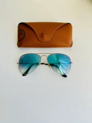 ray ban original aviador lente azul claro gradiente espelhado, armação prata,  tamanho s
