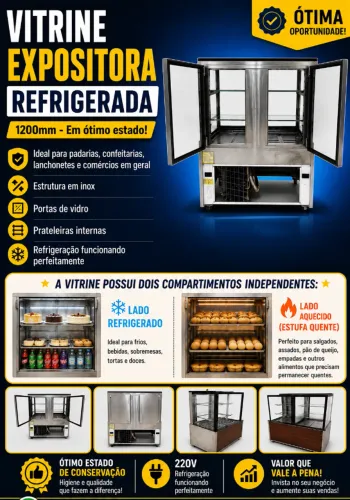 Vitrine Expositora Dupla: Refrigerada + Estufa Quente 1,20m | 220V | Bom estado