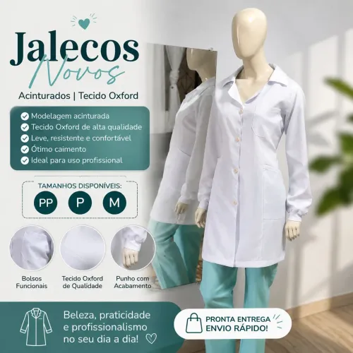 Jaleco feminino acinturado Oxford - P, PP e M