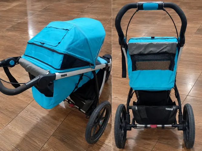 Carrinho de bebê Thule ,esportivo 3 rodas ,azul-turquesa e cinza