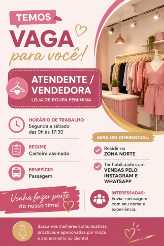 Vaga atendente/vendedora loja de roupa feminina