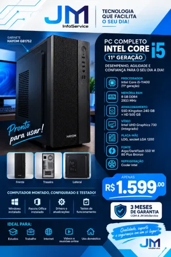 PC Intel Core i5 11ª Geração | 8GB RAM | SSD 240GB + HD 500GB