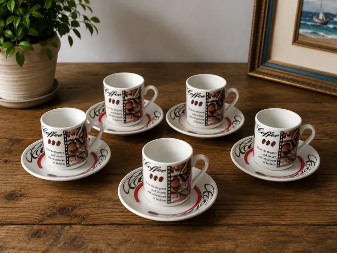 Jogo de Xícaras de Café em Porcelana - 5 Xícaras com 6 Pires - Estampa Coffee