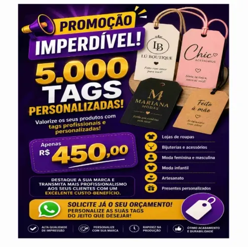 1000 tags personalizadas para roupas e bijuterias