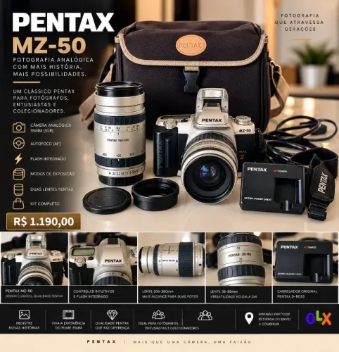 Pentax MZ-50 Analógica 35mm + 2 Lentes 35-80 e 100-300 + Kit Completo