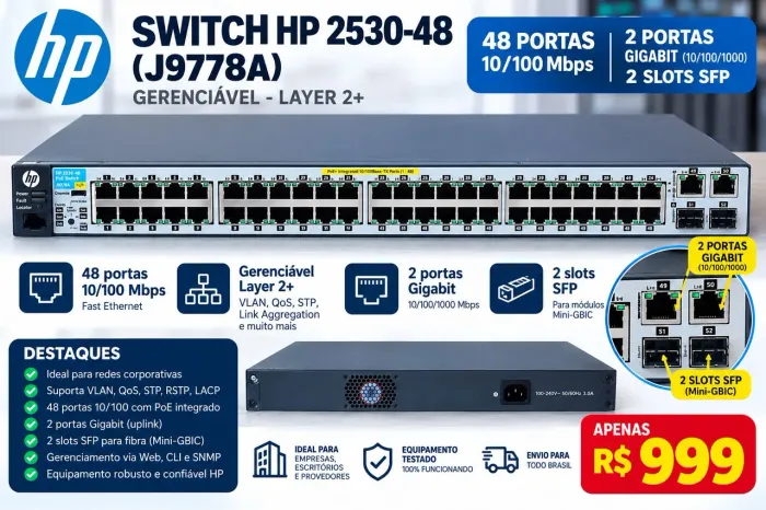 Switch HP 2530-48 PoE - J9778A | Gerenciável - NOVO