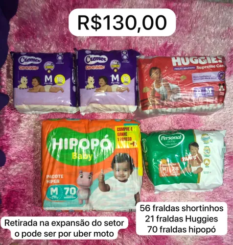 5 fraldas Cremer shorts, Pampers 21 unid, hipopo 70 unids, personal shorts 20 unid