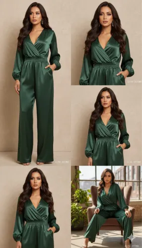 Macacão Verde Acetinado Luxo Manga Longa - Pronta Entrega