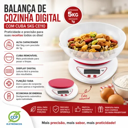 Balança de Cozinha Digital com Cuba 5Kg CE110