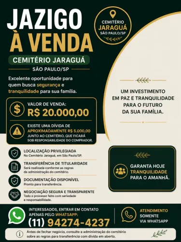 JAZIGO À VENDA - CEMITÉRIO JARAGUÁ (SP)