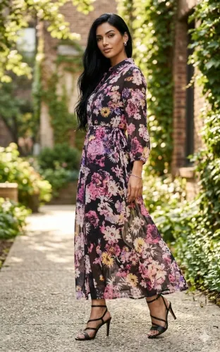 Vestido Longo Floral Elegante Manga Longa - Como Novo