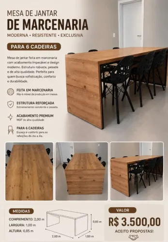 Mesa de Jantar de Marcenaria 2,00 x 1,00 m | Para 6 Cadeiras | Alto Padrão