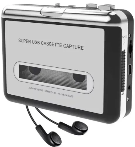 Toca-fitas cassete portátil USB conversor p/ MP3 (c/ fone de ouvido + cabo USB×USB-C)