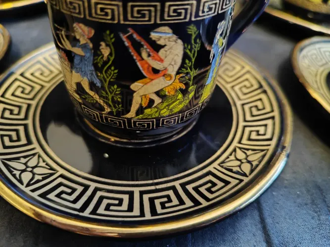Jogo de café grego pintado a ouro 24k vintage de porcelana com 6 conjuntos